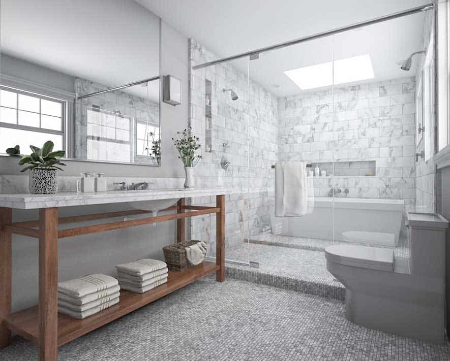 Modern bathroom renovation in Toronto with a wall-mounted wood vanity, integrated sink, and textured grey wall tiles