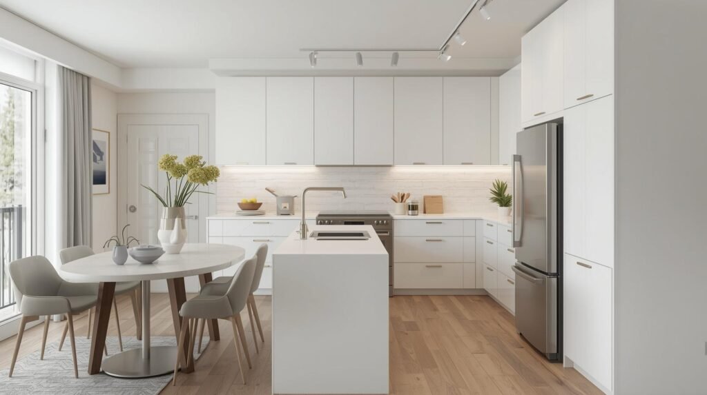 Modern condo kitchen renovation in Toronto with quartz countertops and custom cabinetry