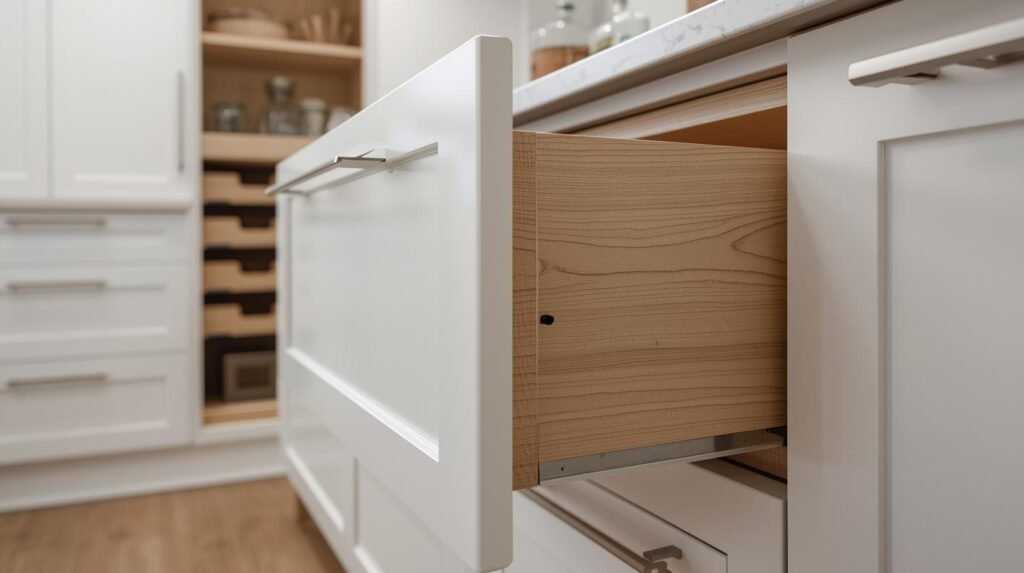 Custom pull-out pantry and deep drawer storage in small Toronto condo kitchen