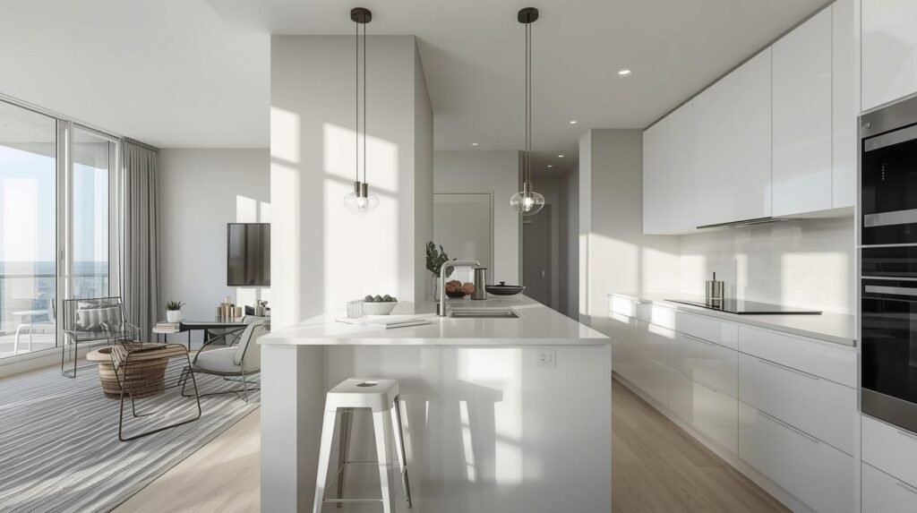 Open concept small condo kitchen renovation in Toronto with peninsula design