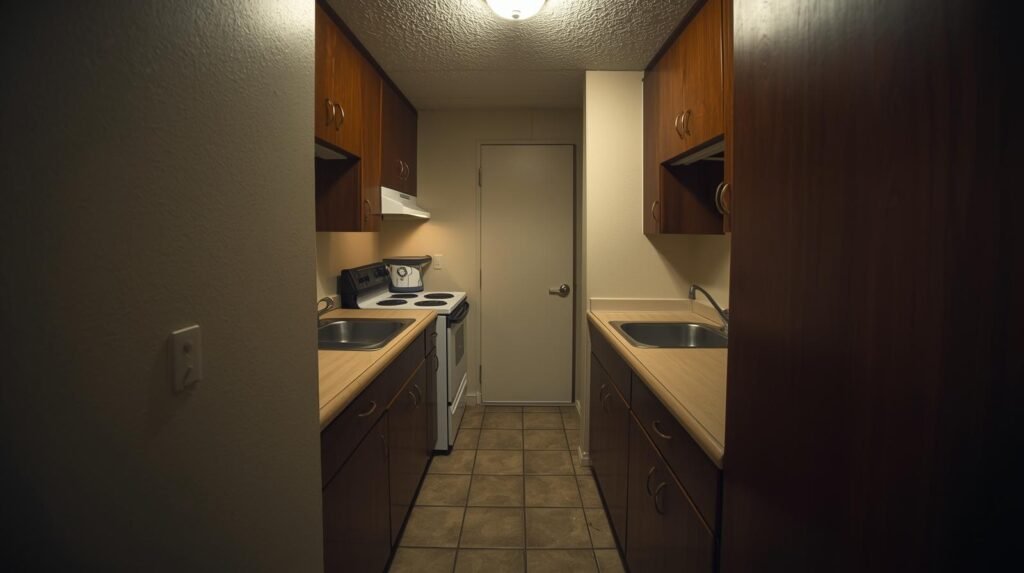 Outdated small condo kitchen layout in Toronto showing limited storage and narrow design