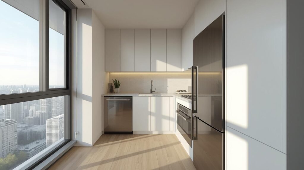 Small kitchen renovation in a Toronto condo with space-saving cabinetry and quartz countertops