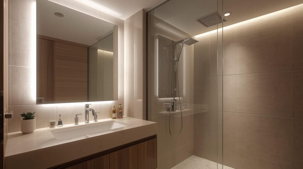 Luxury modern condo bathroom with smart mirror LED lighting glass shower app controlled ventilation tech friendly
