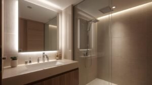 Luxury modern condo bathroom with smart mirror LED lighting glass shower app controlled ventilation tech friendly