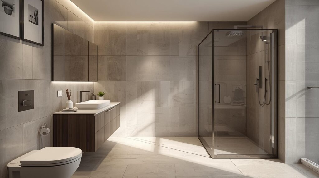 Modern condo bathroom with sleek tiles floating vanity and compact shower bright lighting stylish and spacious feel realistic photography style