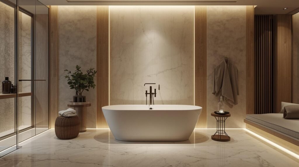 freestanding bathtub in modern luxury bathroom