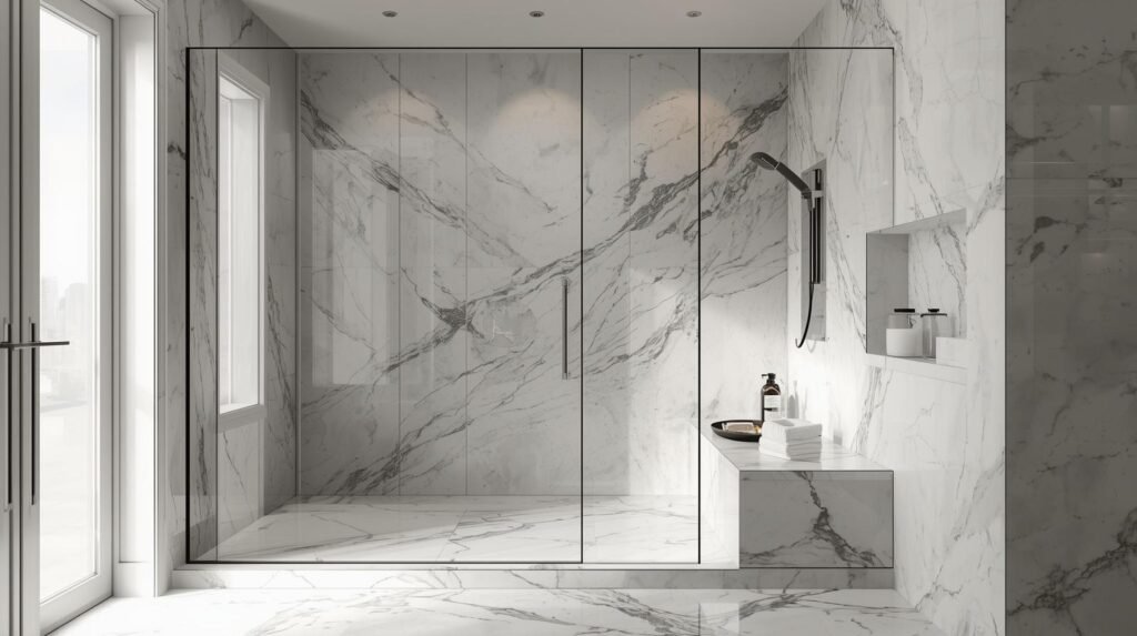 modern walk-in shower with frameless glass and curbless entry